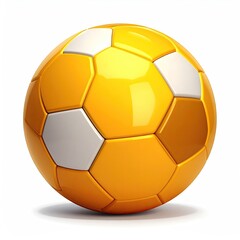 A shiny, geometric, yellow and white soccer ball sits on a white background