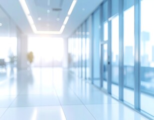 Bright, blurred modern office hallway with glass windows and a distant glow