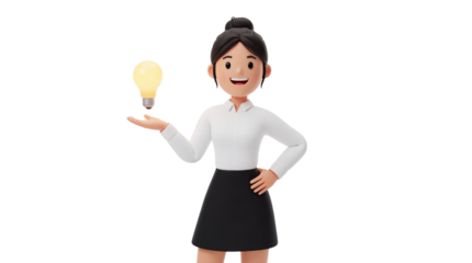 Professional businesswoman 3D illustration presenting a bright idea lightbulb concept