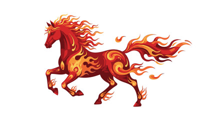 Illustration of a fire horse with flowing mane and tail, symbolizing Chinese New Year 2026, with red envelopes in the background, against a clean white backdrop. © Jangkrik