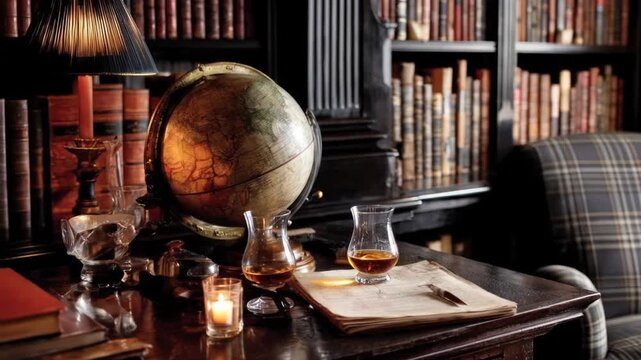 A dimly lit room with a globe, drink, and old books. An arm chair with a plaid pattern