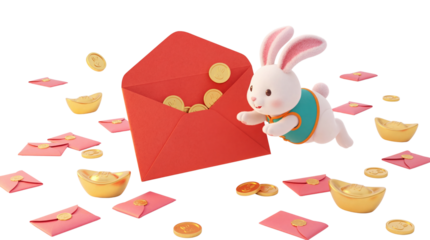 Festive Rabbit Leaping from Lucky Envelope Amidst Golden Coins and Ingots