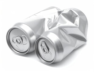 Two aluminum beverage containers, one crushed, on a white surface