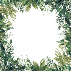 A serene wreath of lush green leaves and foliage framing a white background from a top-down viewpoint
