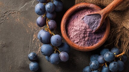 Purple powder in wooden bowl with fresh grapes on rustic table