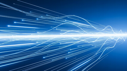 abstract blue background with lines, 3D High Speed Light Trails. Digital Flow Vector Background. Big Data Technology Lines Fast Wireless Data Transmission. Information in Virtual Reality. 6g Vector Il