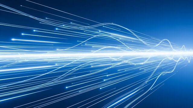 abstract blue background with lines, 3D High Speed Light Trails. Digital Flow Vector Background. Big Data Technology Lines Fast Wireless Data Transmission. Information in Virtual Reality. 6g Vector Il - Powered by Adobe