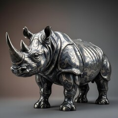 Rhino Metal Statue Chrome Damascus Pattern Steel Sculpture Rhino Horn Luxury Decor