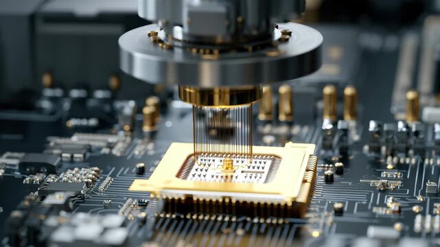 Closeup of quantum computer chip testing with microprobes on a dark circuit board, 4k video