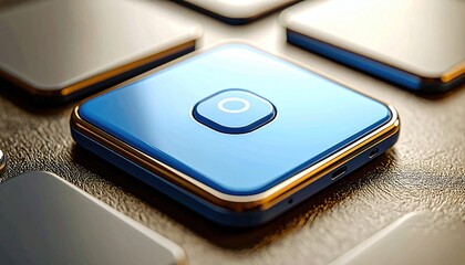 Close-up of a blue square device with a button.