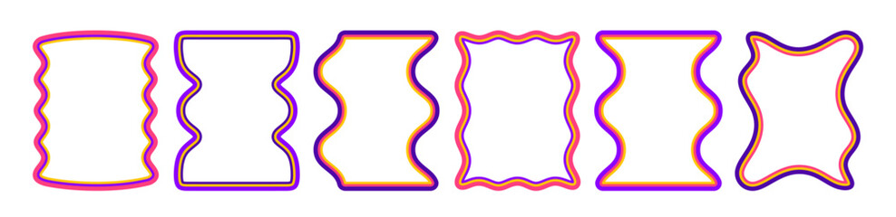 Scallop frame border set with wavy edges and squiggly shapes. Y2K style rectangle frames in vibrant colors with cute curvy lines, funky patterns and retro starburst designs.