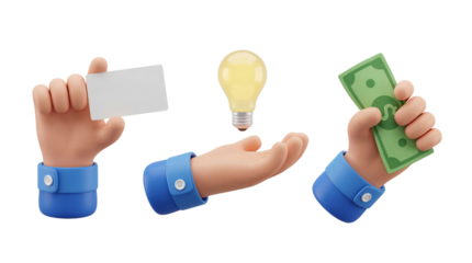 Conceptual 3D rendering of human hands presenting business ideas, finance, and payment