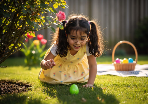Happy little girl on an Easter egg hunt in a sunny garden. Excited child finding a colorful plastic egg on the grass during a spring holiday celebration