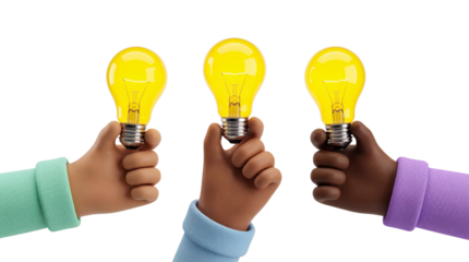 Diverse Hands Holding Up Bright Light Bulbs Symbolizing Collective Innovation and Ideas