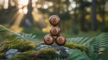 New Year 2026 Countdown in Nature with Stacked Wooden Balls on Mossy Rock in Sunlit Forest Setting