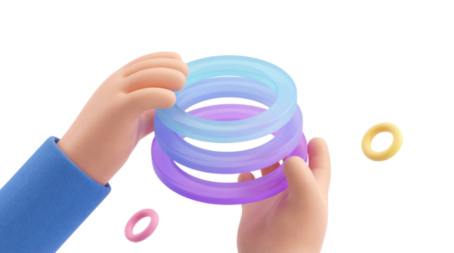 3D Rendered Illustration of Cartoon Hands Stacking Colorful Rings Playfully - Powered by Adobe