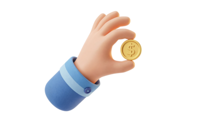 Stylized 3D hand holding a shiny golden coin with a dollar symbol, representing finance and wealth.