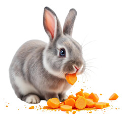 A cute gray rabbit eating sliced carrots on transparent background