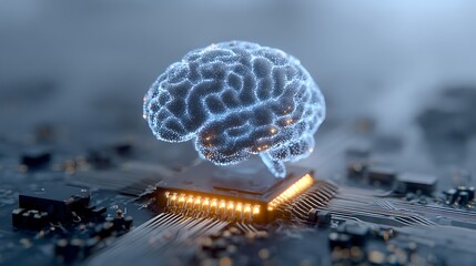Glowing digital brain above a computer chip, representing artificial intelligence and advanced technology
