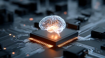 Glowing brain rendered on a circuit board, symbolizing artificial intelligence