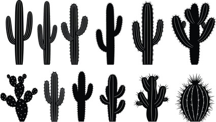 Collection of black cactus silhouettes and desert succulent plant icons set, saguaro and prickly pear nature elements isolated on white background vector illustration