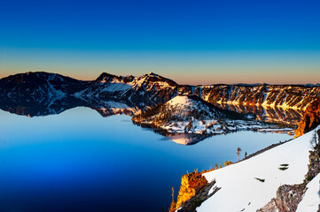Sunrise Reflection at Crater Lake with Snow Covered Wizard Island, Oregon