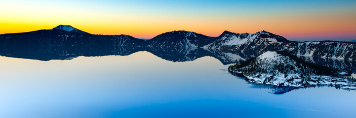 Sunrise Reflection at Crater Lake with Snow Covered Wizard Island, Oregon