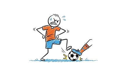 Angry Stick Figure Kicking a Soccer Ball with Frustration.