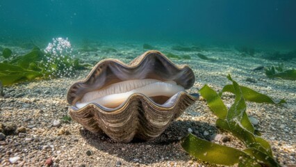 Magnificent giant clam resting peacefully on the tranquil seabed, an underwater marvel revealed