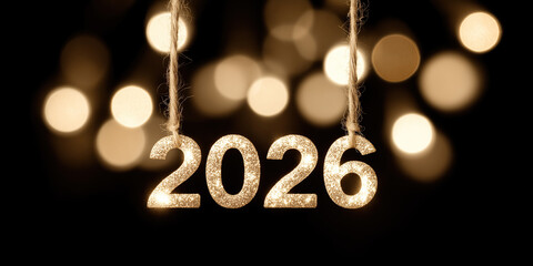 Shimmering 2026 numerals hang amid golden bokeh lights.