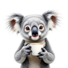A cute koala holding a white cup on transparent background