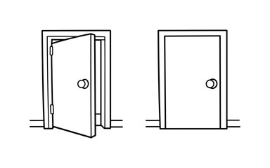 Simple line art illustration of an open and closed door side by side
