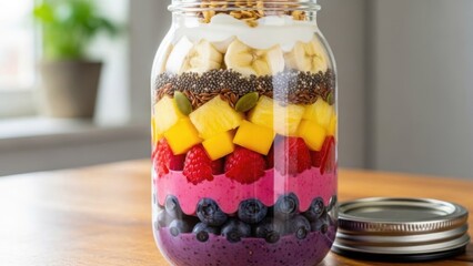 Vibrant, nutritious layered fruit parfait with berries, tropical fruits, seeds, and granola for a