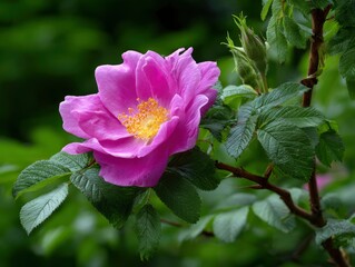 Obraz premium A pink rose blooms with a yellow center amid green leaves and a branch set against a blurred green background