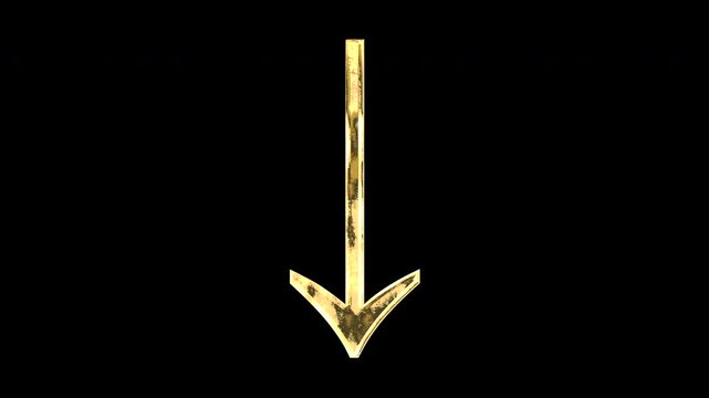 Gold downward arrow symbol, light reflecting and patterns shifting, alpha channel