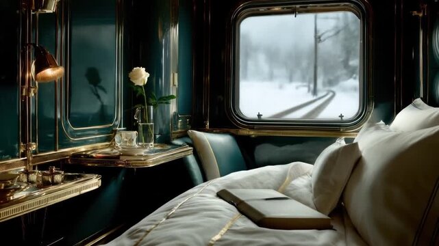 An interior view of a luxury train cabin featuring a bed, window, and a white rose