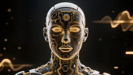 Robot head with circuits and lights in a dark background displaying technology and design concepts Generative AI