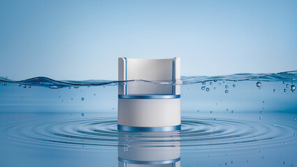 Water surrounds a white container with a blue trim floating on the surface in a light blue setting during daytime hours Generative AI