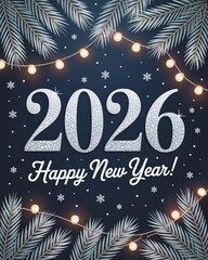 Elegant Glittery 2026 New Year Greeting with Festive Lights and Snowflakes on Dark Background Perfect for Holiday Cards and Celebration Invitations