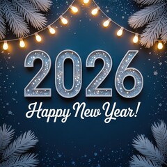Glittery 2026 New Year Celebration Design with Festive Lights and Snowy Branches on Dark Blue Background