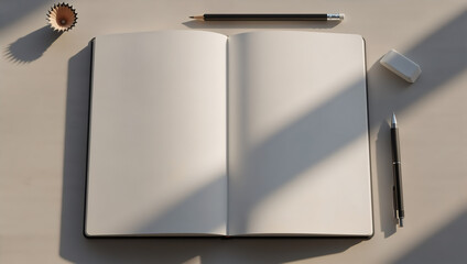 Open blank notebook with pencils and eraser on beige desk. School supplies flat lay with copy space. Knowledge Day concept background