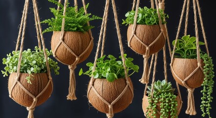 Hanging Coconut Planters Green Plants Dark Background