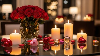 romantic ambiance with red roses lit candles and assorted heart-shaped chocolates for special
