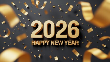 Elegant Gold 2026 New Year Celebration Design with Festive Confetti on Dark Background Ideal for Holiday Greetings and Party Invitations