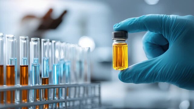 Scientist in blue glove holding small vial with yellow liquid sample next to rack of test tubes in laboratory setting, 4k video