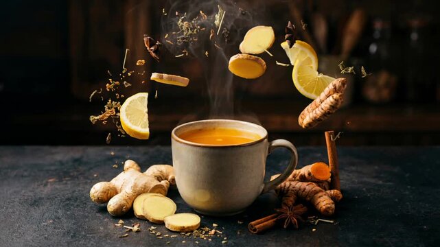 Steaming Herbal Tea with Floating Ginger, Lemon, Turmeric, and Spices for Wellness