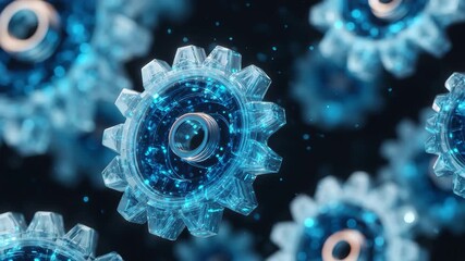 Innovative blue digital gears symbolizing AI advancements in a futuristic tech landscape - Powered by Adobe