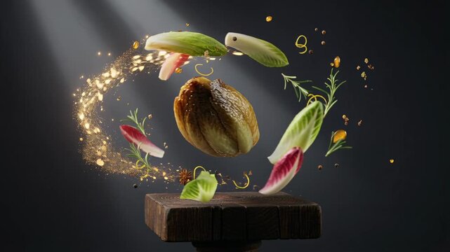 Gourmet Caramelized Endive with Floating Fresh Herbs, Salad, and Magical Spices