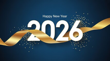 Elegant Gold 2026 New Year Design with Festive Confetti on Deep Blue Background Ideal for Celebrations and Greetings