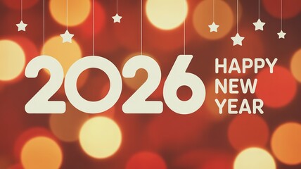 Elegant 2026 New Year Celebration Design with Warm Bokeh Background and Hanging Stars for Festive Greetings and Holiday Marketing Materials